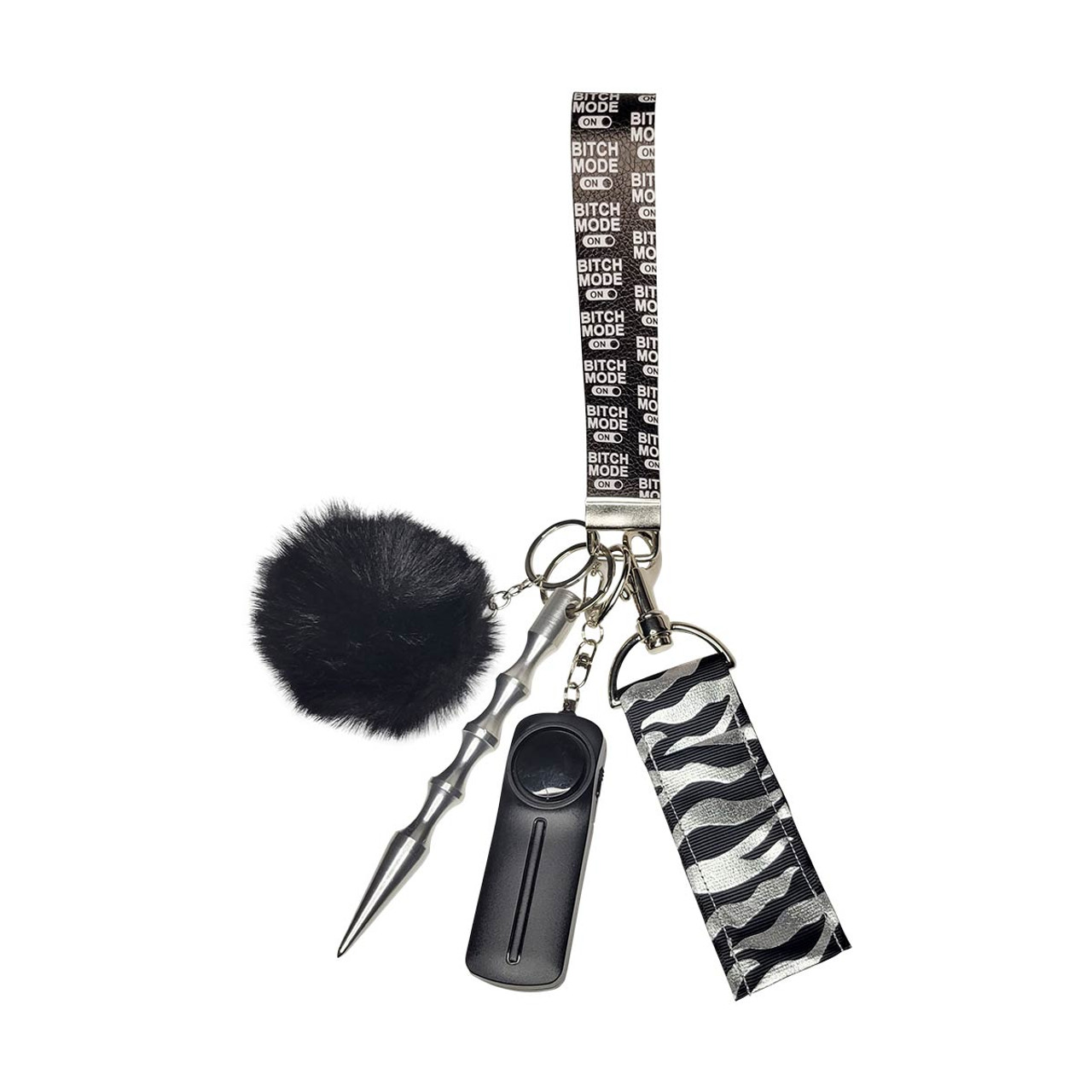 Self-defense Safety Keychain Wristlet Bitch Mode Pom Pom Puff Ball