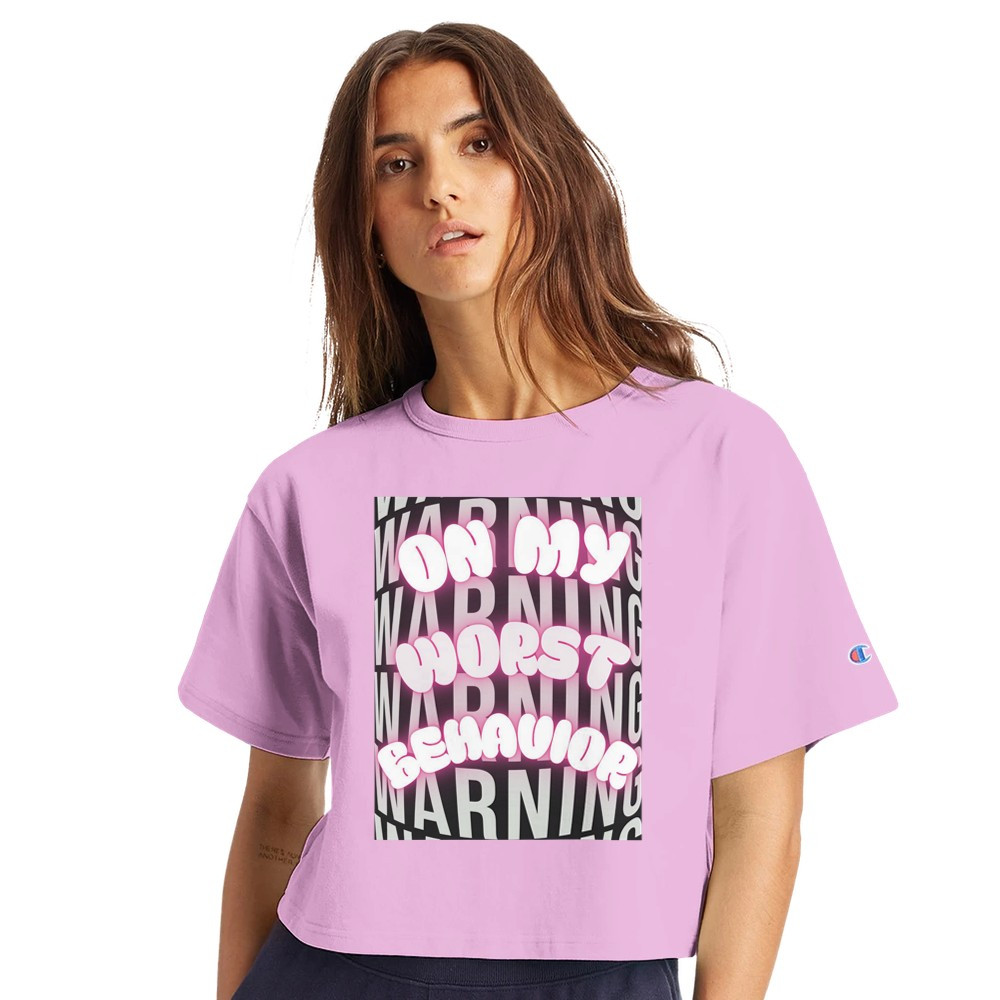 On My Worst Behavior Cropped Tee – Neon Warning Graphic | Champion