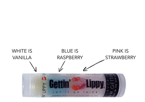 Lip Balm Vanilla, Raspberry, and Strawberry

Here you go Gettin Lippy Fan's! You're going to go wild over this moisturizing and multi flavored lip balm! This tube offers 3 flavors... they are just waiting for you to try them all! The colors in the tubes are beautiful BUT they are only to show you what flavor you are on, or going to next!

For example: The first flavor you will enjoy is the Vanilla for the whole white section, once the white is all gone you will go to the blue which is Raspberry, then onto pink and enjoy Strawberry!

All of our lip balms no matter what color in the tube... apply clear to the lips!

By ordering 3, 6 or 12 of these lip balms it will save you $$$$! So don't forget to get some for your friends!!

Flavors in this Lip Balm  ~ White: Vanilla, Blue: Raspberry, and Pink: Strawberry

Gettin Lippy flavored lip balm:

The first ever multi-flavored lip balm... never get tired of just one flavor!
Unlike other lip balms, Gettin Lippy lip balms are made to deliver the best moisturizing lip balm
Moisturizing, and make your lips feel like silk!
Long lasting, but you might want to reapply for the wonderful aroma to enjoy!
No sticky feeling on your lips!
Best lip balm!!!
Applies Clear to Lips!
Great gift idea for holidays, special occasions, or to share with friends!

MADE IN THE USA!!