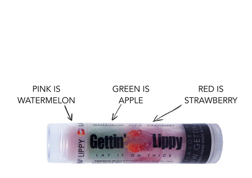 Lip Balm Watermelon, Apple, and Strawberry

Here you go Gettin Lippy Fan's! You're going to go wild over this moisturizing and multi flavored lip balm! This tube offers 3 flavors... they are just waiting for you to try them all! The colors in the tubes are beautiful BUT they are only to show you what flavor you are on, or going to next!

For example: The first flavor you will enjoy is the Watermelon for the whole pink section, once the pink is all gone you will go to the green which is Apple, then onto red and enjoy Strawberry!

All of our lip balms no matter what color in the tube... apply clear to the lips!  

Flavors in this Lip Balm  ~  Pink: Watermelon, Green: Apple, and Red: Strawberry 

By ordering 3, 6 or 12 of these lip balms it will save you $$$$! So don't forget to get some for your friends!!

Gettin Lippy flavored lip balm:

The first ever multi-flavored lip balm... never get tired of just one flavor!
Unlike other lip balms, Gettin Lippy lip balms are made to deliver the best moisturizing lip balm
Moisturizing, and make your lips feel like silk!
Long lasting, but you might want to reapply for the wonderful aroma to enjoy!
No sticky feeling on your lips!
Best lip balm!!!
Applies Clear to Lips!
Great gift idea for holidays, special occasions, or to share with friends!

MADE IN THE USA!!