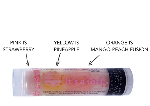 It’s a Baby Girl! – Strawberry, Pineapple & Mango-Peach Layered Lip Balm

Sweet Lips for the Sweetest Celebration!
Celebrate the joy of a little one on the way with our It’s a Baby Girl! lip balm by Gettin Lippy—the perfect baby shower favor, baby sprinkle gift, or thoughtful treat for any mama-to-be!

Each balm features 3 delicious layers of fruity flavor in one tube. While the fun colors (pink, yellow, and orange) represent the flavors inside, each balm glides on completely clear—so it works for everyone!

Flavor Layers in Every Tube:

Pink: Juicy Strawberry

Yellow: Tropical Pineapple

Orange: Sweet & tangy Mango-Peach Fusion

Perfect for:

Baby shower party favors

Baby announcement boxes

Gender reveal gifts

Hospital gift baskets

Diaper raffle prizes

Mom-to-be pampering kits

Why Moms & Guests Love It:

Unique multi-flavored design—never boring!

Clear balm for a universal, everyday lip glow

Silky smooth & moisturizing feel

Long-lasting hydration with a delightful aroma

Non-sticky, non-greasy formula

Pairs perfectly with our lip balm holders & safety keychain wristlets

Makes a fun, affordable, USA-made gift!

Because what’s sweeter than sharing?

Product Details:

Form: Stick balm

Net Weight: .15 oz

Cruelty-Free & Non-Toxic

Made in the USA 

From diaper cakes to party bags, our It’s a Baby Girl! balm adds a flavorful, functional touch to any celebration.
Give the gift of smooth, smiling lips—and lots of “aww!” moments.

MADE IN THE USA!!