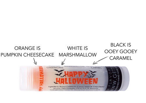 Lip Balm Happy Halloween 

Here you go Gettin Lippy fans our Happy Halloween lip balm These are a must have for all of your trick or treaters! You're going to go wild over this moisturizing and multi flavored lip balm! Each themed Halloween tube offers 3 flavors... they are just waiting for you to try them all! The colors in the tubes are beautiful BUT they are only to show you what flavor you are on, or going to next!

For example: The first flavor you will enjoy in the Happy Halloween lip balm... is the Pumpkin Cheesecake for the whole orange section, once the orange is all gone you will go to the white which is Marshmallow, then onto black and enjoy Ooey Gooey Carmel!

All of our lip balms no matter what color in the tube... apply clear to the lips! 

By ordering 3, 6 or 12 of these lip balms it will save you $$$$! So don't forget to get some for your friends!! 

Happy Halloween   ~      Orange: Pumpkin Cheesecake, White: Marshmallow, and Black: Ooey Gooey Carmel

Gettin Lippy flavored lip balms:

The first ever multi-flavored lip balm... never get tired of just one flavor!
Unlike other lip balms, Gettin Lippy lip balms are made to deliver the best moisturizing lip balm
Moisturizing, and make your lips feel like silk!
Long lasting, but you might want to reapply for the wonderful aroma to enjoy!
No sticky feeling on your lips!
Best lip balm!!!
Applies Clear to Lips!
Great gift idea for holidays, special occasions, or to share with friends!

MADE IN THE USA!!