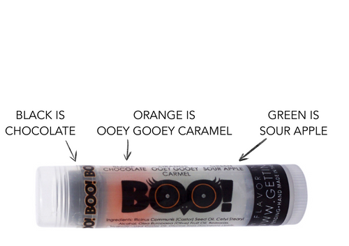 Lip Balm Halloween BOO!

Here you go Gettin Lippy fans our Halloween BOO lip balm These are a must have for all of your trick or treaters! You're going to go wild over this moisturizing and multi flavored lip balm! Each themed Halloween tube offers 3 flavors... they are just waiting for you to try them all! The colors in the tubes are beautiful BUT they are only to show you what flavor you are on, or going to next!

For example: The first flavor you will enjoy in the Halloween BOO! lip balm... is the Chocolate for the whole black section, once the black is all gone you will go to the orange which is Ooey Gooey Carmel, then onto green and enjoy Sour Apple!

All of our lip balms no matter what color in the tube... apply clear to the lips!

By ordering 3, 6 or 12 of these lip balms it will save you $$$$! So don't forget to get some for your friends!!

BOO!   ~   Black: Chocolate, Orange: Ooey Gooey Carmel; Green: Sour Apple

Gettin Lippy flavored lip balms:

The first ever multi-flavored lip balm... never get tired of just one flavor!
Unlike other lip balms, Gettin Lippy lip balms are made to deliver the best moisturizing lip balm
Moisturizing, and make your lips feel like silk!
Long lasting, but you might want to reapply for the wonderful aroma to enjoy!
No sticky feeling on your lips!
Best lip balm!!!
Applies Clear to Lips!
Great gift idea for holidays, special occasions, or to share with friends!

MADE IN THE USA!!