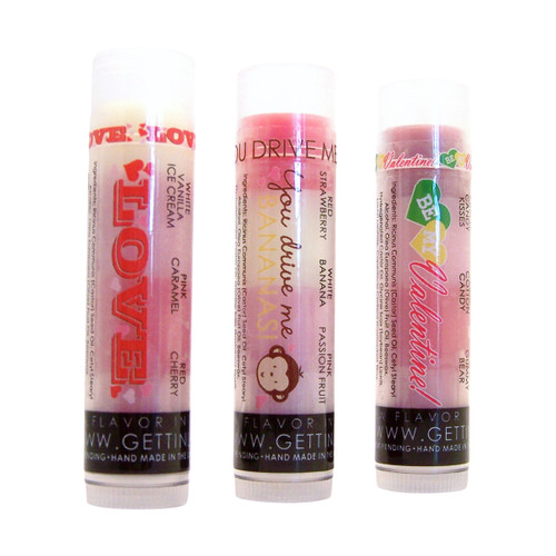 Lip Balm Valentine 3 Pack

Here you go Gettin Lippy fans a Valentine's Day 3 Pack with all of our Valentine's Day lip balms for all of your favorite Valentines! You're going to go wild over these 3 moisturizing and multi flavored lip balms! Each themed for Valentine's Day each tube offers 3 flavors... they are just waiting for you to try them all! The colors in the tubes are beautiful BUT they are only to show you what flavor you are on, or going to next!

For example: The first tube on the left in the picture of Our Valentine's Day 3 Pack... The first flavor you will enjoy is Vanilla Ice Cream for the whole white section, once the white is all gone you will go to the Pink which is Caramel, then onto red and enjoy Cherry!

All of our lip balms no matter what color in the tube... apply clear to the lips!

Below you will find a complete list of each lip balm and the wonderful flavors you will enjoy. When you get Our Valentine's Day 3 Pack you will have multiple lip balm flavors for yourself or plenty to share with all of your friends to enjoy! These lip balms are moisturizing and are amazing! By ordering Our Valentine's Day 3 Pack you save...$1.00, Higher discounts if you click on the Bulk pricing!!

LOVE  ~                                                     White: Vanilla Ice Cream, Pink: Caramel, and Red: Cherry
You Drive Me Banana's  ~            Red: Strawberry, White: Banana, and Pink: Passion Fruit
BE MY VALENTINE!  ~                         Purple: Candy Kisses, Pink: Cotton Candy, and Red: Gummy Bear

*** These are shown in the picture from left to right

Gettin Lippy flavored lip balms:

The first ever multi-flavored lip balm... never get tired of just one flavor!
Unlike other lip balms, Gettin Lippy lip balms are made to deliver the best moisturizing lip balm
Moisturizing, and make your lips feel like silk!
Long lasting, but you might want to reapply for the wonderful aroma to enjoy!
No sticky feeling on your lips!
Best lip balm!!!
Applies Clear to Lips!
Great gift idea for holidays, special occasions, or to share with friends!

MADE IN THE USA!!