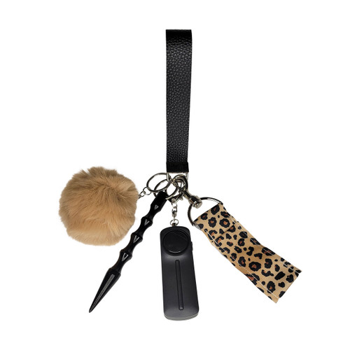 Self-Defense Safety Keychain Wristlet Cheetah Print 

Gettin Lippy self-defense safety keychain wristlet includes: 

Handmade Wristlet Black

130 Decibel Personal Alarm with LED flash light 

Kubaton/window breaker 

Lip balm holder Cheetah print

And of course, a fluffy Pom Pom! 

It is better to have something to protect yourself than nothing at all. These wristlets are great because they are... right on your wrist, no digging in your purse or pockets for something to signal that you need help! 
