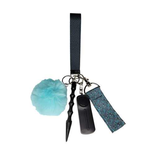 Self-Defense Safety Keychain Wristlet Black and Turquoise 

Gettin Lippy self-defense safety keychain wristlet includes: 

Handmade Wristlet Black

130 Decibel Personal Alarm with LED flash light 

Kubaton/window breaker 

Lip balm holder Black and Turquoise 

And of course, a fluffy Pom Pom! 

It is better to have something to protect yourself than nothing at all. These wristlets are great because they are... right on your wrist, no digging in your purse or pockets for something to signal that you need help! 