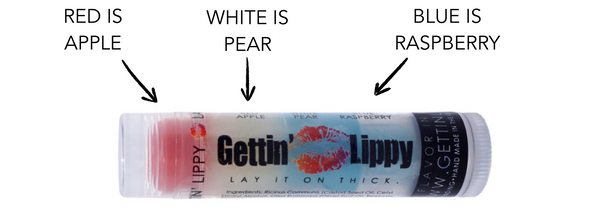 1 of ~ Red: Apple, White: Pear, and Blue: Raspberry

Each tube of Gettin Lippy lip balms offer 3 layers of flavor!