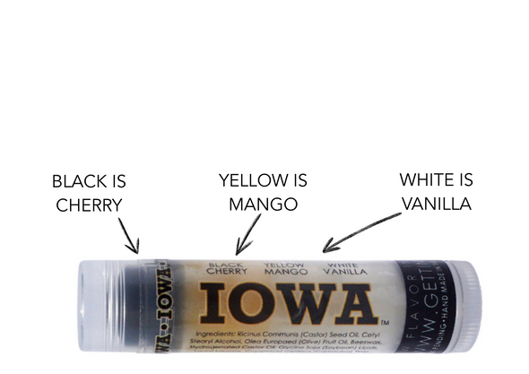(4) of Iowa  ~ Black: Cherry, Yellow: Mango, and White: Vanilla

Each tube of Gettin Lippy lip balms offer 3 layers of flavor!