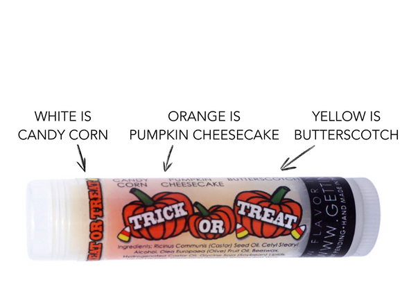( 1 ) Trick or Treat  ~  White: Candy Corn, Orange: Pumpkin Cheesecake, and Yellow: Butterscotch

Each tube of Gettin Lippy lip balms offer 3 layers of flavor! 