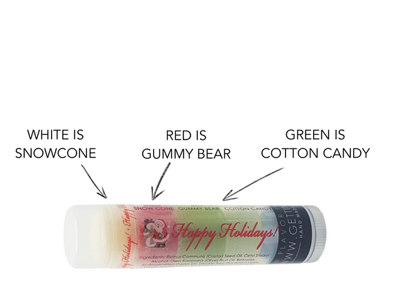 ( 3 ) ~ Happy Holidays ~ White: Snow Cone,  Red: Gummy Bear,  and Green: Cotton Candy

Each tube of Gettin Lippy lip balms offers 3 layers of flavor!