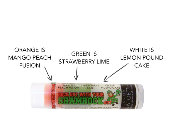( 2 ) ~ Rock Out with your Shamrock OUT! Orange is Mango Peach Fusion, Green is Strawberry Lime, and White is Lemon Pound Cake

Each tube of Gettin Lippy lip balms offer 3 layers of flavor!