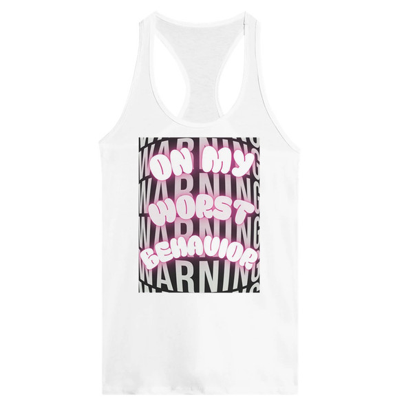 Consider this your official warning.

When the mood strikes and the attitude shows up, this tank says it all — On My Worst Behavior. Featuring a bold warning-style background with vibrant neon bubble lettering, this design delivers the perfect mix of playful rebellion and confident style. Around here at Gettin Lippy, we like our fashion with a little sass… and this tank definitely delivers.

Printed on the Next Level Women’s Ideal Racerback Tank, this piece is designed to flatter with a slim feminine fit and a racerback cut that highlights your shoulders while keeping things comfortable and breathable. Whether you're hitting the gym, heading to a summer concert, running errands, or just feeling a little extra spicy that day, this tank brings the attitude without sacrificing comfort.

The soft combed cotton blend gives it that lightweight, lived-in feel you'll want to wear again and again, while the side seams and self-binding fabric help it keep its shape wash after wash. Throw it on with leggings, shorts, or your favorite jeans and let the world know: you’re not behaving today — and you’re perfectly fine with that.

Why You’ll Love It: Bold On My Worst Behavior neon graphic with warning background Slim feminine fit that flatters and moves with you Racerback design that highlights your shoulders Soft, breathable cotton/poly blend perfect for warm weather Durable construction with side seams and self-binding fabric Perfect for workouts, summer days, concerts, festivals, or anytime your outfit needs a little Gettin Lippy attitude. Fabric: 60% Combed Ring-Spun Cotton / 40% Polyester Fit: Slim Women’s Fit Style: Racerback Tank Brand: Next Level 1533 Production: This item is made to order, ensuring quality while reducing waste. No minimums — just bold style made just for you. Available in: Black, White, and Pink.