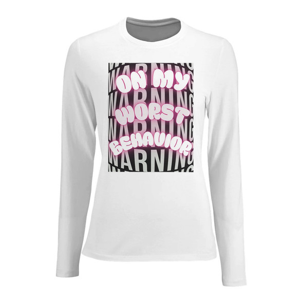 Warning: Sass incoming.

Turn heads and set the vibe before you even speak with the On My Worst Behavior Women’s Long Sleeve Tee.

Featuring a bold warning-inspired background with bright neon bubble lettering, this shirt is perfect for the days when your mood is a little cheeky, a little rebellious, and 100% unapologetic — all wrapped up in Gettin Lippy attitude. Made on the SOL’S Imperial Women’s Long Sleeve Tee, this piece combines comfort, style, and a flattering fit.

The cut-and-sewn construction creates a tailored silhouette that hugs your curves while still offering room to move, and the ribbed round neckline with elastane ensures it stays comfy all day long. Whether layered under a jacket, worn solo with jeans, or paired with leggings for a casual-chic look, this long sleeve tee makes a statement anywhere you go.

Why You’ll Love It: Bold On My Worst Behavior neon graphic over warning-style background Fitted cut enhances your silhouette for a flattering look Ribbed round neck with elastane for all-day comfort Premium high-quality fabric built for durability and wearability Versatile style perfect for casual, semi-casual, or layering looks Bring a little mischief to your everyday wardrobe — this long sleeve tee is perfect for anyone who loves comfort with a sassy, confident edge.

Fabric: High-quality, durable materials (SOL’S standard blend) Fit: Women’s Fitted Long Sleeve Brand: SOL’S Imperial LSL Women 02075 Available Colors: Black and White