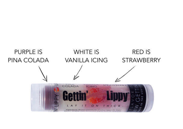 1 of ~ Purple: Pina Colada, White: Vanilla Icing, and Red: Strawberry

Each tube of Gettin Lippy lip balms offer 3 layers of flavor! 