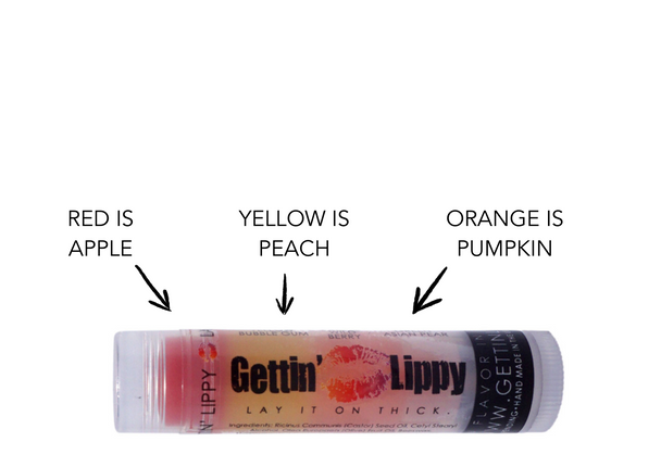 1 of ~ Red: Apple, Yellow: Peach, and Orange: Pumpkin

Each tube of Gettin Lippy lip balms offer 3 layers of flavor!