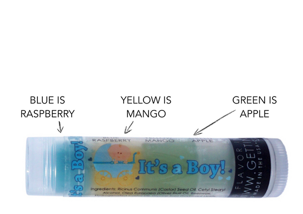 It’s a Baby Boy! – Raspberry, Mango & Apple Layered Lip Balm Favor

Celebrate the Sweet Arrival of a Little Man!
Introducing the It’s a Baby Boy! layered lip balm by Gettin Lippy—a must-have party favor for your baby shower, baby sprinkle, or newborn gift basket!

This ultra-moisturizing balm features 3 fruity flavor layers in 1 tube, giving you a fun, flavorful experience from start to finish. While the blue, yellow, and green colors represent the flavor inside, each balm goes on clear, making it perfect for all lips, big or small.

Flavor Layers in Every Tube:

Blue: Refreshing Raspberry

Yellow: Juicy Mango

Green: Crisp Apple

Ideal For:

Baby shower favors for boys

Gender reveal giveaways

Diaper raffle prizes

Hospital welcome kits

Baby boy party bags

Gifting to new or expecting moms

Why Guests & Moms Love It:

Unique 3-layered flavors—never boring!

Clear application for universal use

Silky smooth, non-sticky formula

Long-lasting hydration with a fun fruity aroma

Pairs perfectly with our lip balm holders and safety keychain wristlets

Affordable and Made in the USA!

Product Details:

Form: Twist-up balm stick

Net Weight: .15 oz

Cruelty-Free & Non-Toxic

Proudly Made in the USA

Make your baby boy’s celebration even sweeter with a gift that pampers and surprises. These multi-flavored lip balms will have your guests smiling long after the party ends.

MADE IN THE USA!!