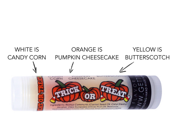 ( 3 ) ~ Trick or Treat ~ White: Candy Corn, Orange: Pumpkin Cheesecake, and Yellow: Butterscotch

Each tube of Gettin Lippy lip balms offer 3 layers of flavor! 