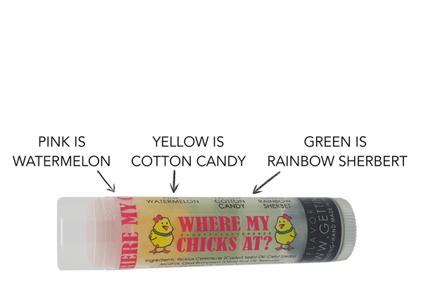 Where My Chicks At? – Triple-Layer Easter Lip Balm

Product Description:
Peep This Perfect Easter Treat! 

Say hello to Where My Chicks At? – a Gettin Lippy exclusive that’s packed with three bold layers of flavor, vibrant colors (just for show), and a clear, silky-smooth application that your lips will love! Whether you're curating the ultimate Easter basket or just looking to treat yourself, this cheerful balm brings serious springtime vibes in every swipe.

Flavor Lineup:

Pink Layer: Juicy Watermelon

Yellow Layer: Sweet Cotton Candy

Green Layer: Zesty Rainbow Sherbet

Each layer brings a new burst of joy, while applying completely clear—because it’s all about that flavor and hydration!

Why You’ll Love It:

Three Flavors in One Tube – Keeps lip care exciting!

Applies Clear – No tints, just bold flavor & shine-free moisture

Moisturizing Goodness – Made with Beeswax, Castor Seed Oil & Olive Fruit Oil

Non-Sticky, Silky Feel – Soft, smooth lips every time

Pairs Perfectly with our lip balm holders & safety keychain wristlets

Made in the USA – Crafted with care, clean ingredients & no harsh chemicals

This little chick is the perfect pocket companion for spring outings, Easter gifts, or just a midday flavor boost that makes your pout pop (without any gloss)!

MADE IN THE USA!!