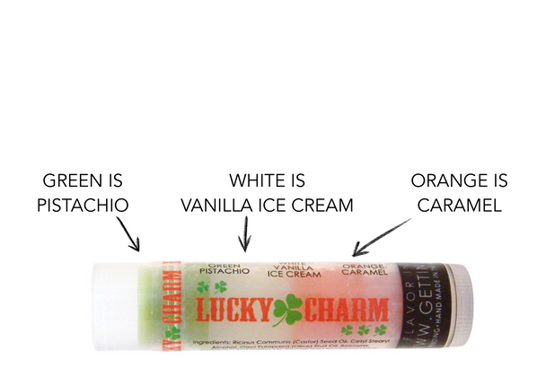 ( 1 ) ~ Lucky Charm ~  Green: Pistachio, White: Vanilla Ice Cream, and Orange: Caramel

Each tube of Gettin Lippy lip balms offer 3 layers of flavor! 