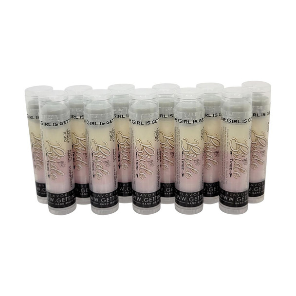 Bride Tribe – 12-Pack Triple-Layered Lip Balm
"Kiss the Miss Goodbye" Edition

Product Description:
For the Tribe That’s Got Her Back

Celebrate your bride-to-be moments in the most fun, flavorful way with the Bride Tribe 12-Pack Lip Balm Set from Gettin Lippy! Perfect for bachelorette parties, bridal showers, or wedding weekend gift bags, these lip balms are more than cute—they’re packed with moisture, sass, and love.

Each balm features our signature triple-layered design, bursting with a blend of flavors as unforgettable as your big day. Add a little luxury to your party favors and keep the whole crew looking smooth, soft, and oh-so-kissable.

Flavor Journey – Three Layers, One Flawless Pout:

Grey Layer – Vanilla Icing: Sweet, smooth, and indulgent—like wedding cake in a tube

White Layer – Mango: Light, tropical, and delightfully refreshing

Pink Layer – Strawberry: Bright, juicy, and irresistibly flirty

Applies clear no matter the color in the tube—just glossy goodness that lasts through the toasts, dancing, and confetti showers.

Product Highlights:

Triple-Layered Balm: Three flavors, one tube, infinite compliments

Clear & Comfortable: Goes on smooth without stickiness

Long-Lasting Moisture: Keeps lips hydrated with every swipe

All-Natural Goodness: Made with skin-loving ingredients like Beeswax, Olive Fruit Oil, and Castor Seed Oil

Cruelty-Free & Made in the USA

Perfect for Sharing: Comes in a ready-to-gift 12-pack for your full bride squad

Why It’s Perfect for Your Bride Tribe:

Makes an adorable bachelorette party favor or bridal shower giveaway

Adds charm to wedding welcome bags or hangover kits

A fun and practical keepsake your girls will actually use

Pair it with a lippy clip or keychain wristlet for extra glam

Gifting Ideas:

Bridesmaid proposal boxes

Bridal shower prizes

Thank-you gifts for wedding vendors

Stocking stuffers for engaged friends

Safe & Sustainable:

Cruelty-Free & Alcohol-Free

No Phthalates or Harsh Chemicals

Eco-Friendly Packaging

12-Month Shelf Life

Be the Bride Who Thought of Everything!

Let your Bride Tribe pamper their lips while you pamper your soul. Fun, flirty, and fabulously functional, this lip balm set is the bridal party must-have.

MADE IN THE USA!!