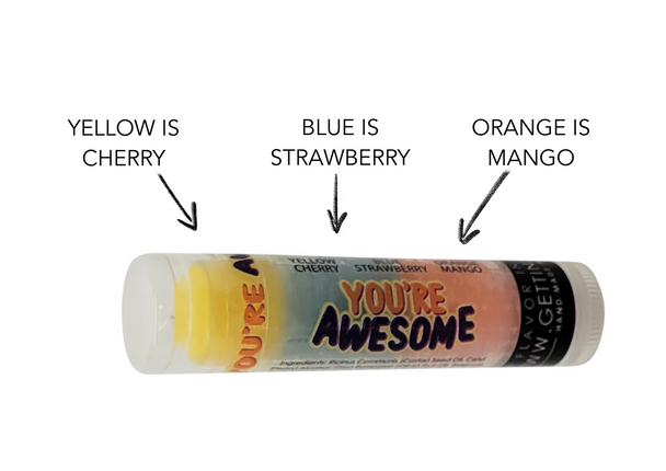 You’re Awesome Lip Balm – Sass in a Swipe (Single Tube)
“Flavor. Fun. Fierce Hydration.”

Product Description:
Because You’re Awesome (And Your Lips Should Feel That Way)

Give your pout the love it deserves with the You’re Awesome Lip Balm – Sass in a Swipe, a single tube packed with triple-flavored fun and intense hydration. Whether you're buying for yourself or grabbing a few as mini gifts for friends, this balm delivers a delicious reminder that you are, in fact, awesome.

With its signature 3-layer design, each application is a mini flavor adventure—and it applies clear, leaving only shine, softness, and a burst of confidence.

Flavor Journey – 3 Layers of YUM:

Yellow Layer – Cherry: Sweet and juicy

Blue Layer – Strawberry: Cool and refreshing

Orange Layer – Mango: Bright and tropical

All three work together to bring sass and satisfaction with every swipe!

Product Highlights:

Triple-Layered Flavors – Three delicious flavors in one stylish tube

Clear Finish – Colorful tube, invisible on lips

Hydrating Formula – Powered by Castor Seed Oil & Olive Fruit Oil

Cruelty-Free & USA Made – No harsh stuff, no animal testing

Lippy Clip Compatible – Designed to fit snugly into your favorite balm holder


Why You’ll Love It:

Makes a perfect feel-good gift or thoughtful party favor

Non-sticky, long-lasting formula keeps lips moisturized all day

Natural ingredients and no harsh chemicals mean it’s safe for even sensitive lips

Great for schools, events, holidays, and just-because smiles

Shopping Tip:
Perfect for classroom rewards, party favors, or cheering up your besties.
Safe, Natural, & Made with Love:

No Alcohol, No Aerosol, No Formaldehyde, No Phthalates

Cruelty-Free & Eco-Friendly Packaging

Great for All Skin Types, Even Sensitive

12-Month Shelf Life

A Daily Reminder That You Rock

Treat yourself (and your squad) to this bold, bright, and beautiful balm that brings flavor, fun, and fabulous hydration. Every time you swipe it on, you’ll remember: You’re Awesome.

MADE IN THE USA
