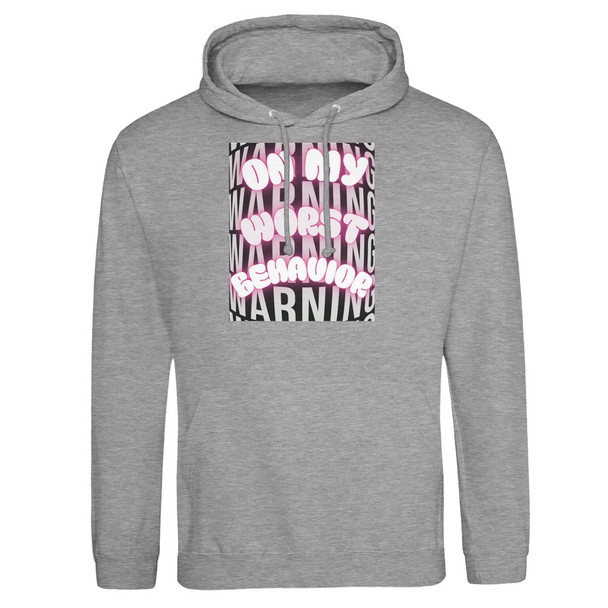 Some days you behave… and some days you show up On Your Worst Behavior.

This bold hoodie brings serious attitude with a design that pops — a warning-style background layered behind neon bubble lettering that proudly announces you're not here to play it safe. Whether you're running errands, grabbing coffee, or just feeling a little extra spicy, this hoodie lets everyone know the vibe before you even say a word.

Printed on the Premium Unisex Pullover Hoodie | JustHoods JH001, this piece is all about comfort, style, and confidence. Made with a soft ringspun cotton and polyester blend, it delivers that cozy, lived-in feel from the very first wear while still holding up beautifully wash after wash. And because we do everything with a little Gettin Lippy attitude, this hoodie isn’t just comfy — it’s a whole mood. Pair it with your favorite jeans, leggings, or joggers and let the neon warning do the talking.

Available in classic Black, White, or Heather Grey making that vibrant design stand out even more. Why You'll Love It: Super soft ringspun cotton/poly blend for all-day comfort Premium unisex fit that looks great on everyone Cozy pullover style with adjustable hood Perfect for layering in cooler weather Bold neon “On My Worst Behavior” design that turns heads Whether you're feeling a little rebellious or just embracing your fun side, this hoodie is your new go-to for cozy comfort with a confident edge.

Available Colors: Black, White, & Heather Grey Fit: Unisex – true to size for a relaxed, comfortable fit
