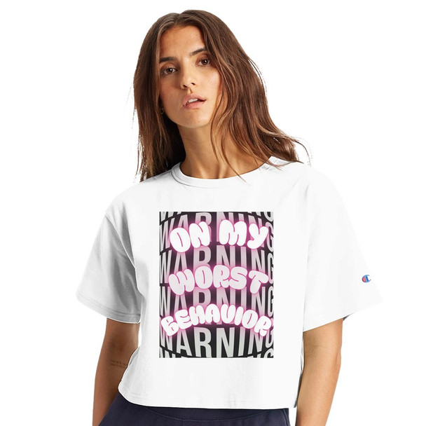 Some outfits whisper… this one warns them first.

Our On My Worst Behavior Cropped Tee is made for the days when you're feeling a little bold, a little playful, and totally unapologetic.

Featuring a warning-inspired background layered with bright neon bubble lettering, this design brings serious attitude with a fun, sassy twist — exactly the kind of energy we love at Gettin Lippy.

Printed on the Champion Women's Cropped Heritage Crewneck T-Shirt, this tee gives you the perfect mix of comfort, style, and statement-making personality. The flattering cropped fit pairs perfectly with high-waisted jeans, joggers, leggings, or shorts, making it an easy go-to for casual days, concerts, game nights, or whenever you’re feeling a little extra.

Made from 100% cotton jersey, this tee is soft, breathable, and built to last thanks to double-needle stitching throughout. And of course, it features the classic Champion “C” patch logo on the sleeve, adding that iconic sporty touch.

At Gettin Lippy, we believe your clothes should be just as fun as your personality — and this tee is the perfect way to show the world you’re not afraid to keep things a little lippy. Why You’ll Love It: Soft, breathable 100% cotton jersey fabric Trendy cropped fit that pairs perfectly with high-waisted styles Durable double-needle stitching for long-lasting wear Iconic Champion “C” logo patch on the sleeve Bold neon On My Worst Behavior design that turns heads Whether you’re feeling mischievous, confident, or just a little sassy, this cropped tee is here to make sure everyone knows exactly what kind of mood you're in. Fit: Women’s Cropped Fit Sizes: Multiple sizes available Brand: Champion Heritage Collection. Available in Black, White and Pink Candy.