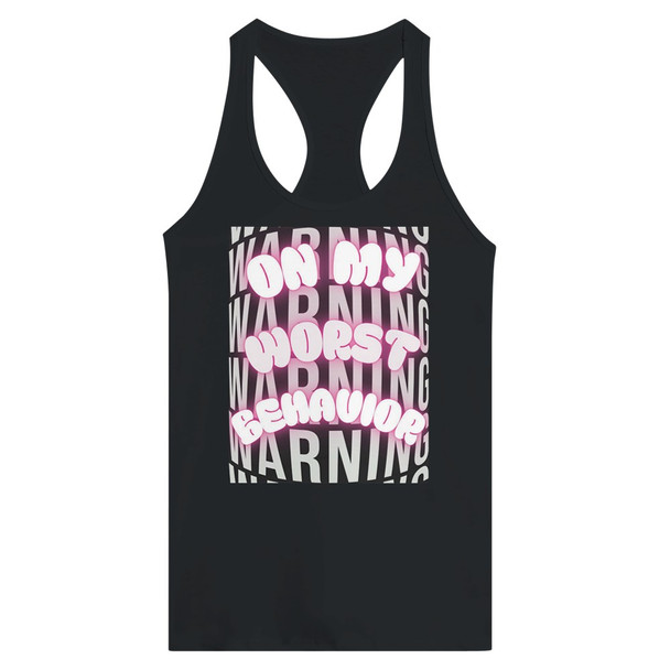 Consider this your official warning.

When the mood strikes and the attitude shows up, this tank says it all — On My Worst Behavior. Featuring a bold warning-style background with vibrant neon bubble lettering, this design delivers the perfect mix of playful rebellion and confident style. Around here at Gettin Lippy, we like our fashion with a little sass… and this tank definitely delivers.

Printed on the Next Level Women’s Ideal Racerback Tank, this piece is designed to flatter with a slim feminine fit and a racerback cut that highlights your shoulders while keeping things comfortable and breathable. Whether you're hitting the gym, heading to a summer concert, running errands, or just feeling a little extra spicy that day, this tank brings the attitude without sacrificing comfort.

The soft combed cotton blend gives it that lightweight, lived-in feel you'll want to wear again and again, while the side seams and self-binding fabric help it keep its shape wash after wash. Throw it on with leggings, shorts, or your favorite jeans and let the world know: you’re not behaving today — and you’re perfectly fine with that.

Why You’ll Love It: Bold On My Worst Behavior neon graphic with warning background Slim feminine fit that flatters and moves with you Racerback design that highlights your shoulders Soft, breathable cotton/poly blend perfect for warm weather Durable construction with side seams and self-binding fabric Perfect for workouts, summer days, concerts, festivals, or anytime your outfit needs a little Gettin Lippy attitude. Fabric: 60% Combed Ring-Spun Cotton / 40% Polyester Fit: Slim Women’s Fit Style: Racerback Tank Brand: Next Level 1533 Production: This item is made to order, ensuring quality while reducing waste. No minimums — just bold style made just for you. Available in: Black, White, and Pink.