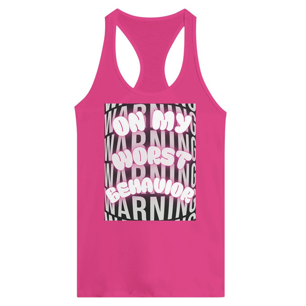 Consider this your official warning.

When the mood strikes and the attitude shows up, this tank says it all — On My Worst Behavior. Featuring a bold warning-style background with vibrant neon bubble lettering, this design delivers the perfect mix of playful rebellion and confident style. Around here at Gettin Lippy, we like our fashion with a little sass… and this tank definitely delivers.

Printed on the Next Level Women’s Ideal Racerback Tank, this piece is designed to flatter with a slim feminine fit and a racerback cut that highlights your shoulders while keeping things comfortable and breathable. Whether you're hitting the gym, heading to a summer concert, running errands, or just feeling a little extra spicy that day, this tank brings the attitude without sacrificing comfort.

The soft combed cotton blend gives it that lightweight, lived-in feel you'll want to wear again and again, while the side seams and self-binding fabric help it keep its shape wash after wash. Throw it on with leggings, shorts, or your favorite jeans and let the world know: you’re not behaving today — and you’re perfectly fine with that.

Why You’ll Love It: Bold On My Worst Behavior neon graphic with warning background Slim feminine fit that flatters and moves with you Racerback design that highlights your shoulders Soft, breathable cotton/poly blend perfect for warm weather Durable construction with side seams and self-binding fabric Perfect for workouts, summer days, concerts, festivals, or anytime your outfit needs a little Gettin Lippy attitude. Fabric: 60% Combed Ring-Spun Cotton / 40% Polyester Fit: Slim Women’s Fit Style: Racerback Tank Brand: Next Level 1533 Production: This item is made to order, ensuring quality while reducing waste. No minimums — just bold style made just for you. Available in: Black, White, and Pink.