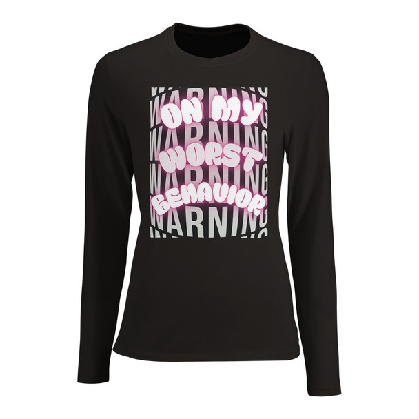 Warning: Sass incoming.

Turn heads and set the vibe before you even speak with the On My Worst Behavior Women’s Long Sleeve Tee.

Featuring a bold warning-inspired background with bright neon bubble lettering, this shirt is perfect for the days when your mood is a little cheeky, a little rebellious, and 100% unapologetic — all wrapped up in Gettin Lippy attitude. Made on the SOL’S Imperial Women’s Long Sleeve Tee, this piece combines comfort, style, and a flattering fit.

The cut-and-sewn construction creates a tailored silhouette that hugs your curves while still offering room to move, and the ribbed round neckline with elastane ensures it stays comfy all day long. Whether layered under a jacket, worn solo with jeans, or paired with leggings for a casual-chic look, this long sleeve tee makes a statement anywhere you go.

Why You’ll Love It: Bold On My Worst Behavior neon graphic over warning-style background Fitted cut enhances your silhouette for a flattering look Ribbed round neck with elastane for all-day comfort Premium high-quality fabric built for durability and wearability Versatile style perfect for casual, semi-casual, or layering looks Bring a little mischief to your everyday wardrobe — this long sleeve tee is perfect for anyone who loves comfort with a sassy, confident edge.

Fabric: High-quality, durable materials (SOL’S standard blend) Fit: Women’s Fitted Long Sleeve Brand: SOL’S Imperial LSL Women 02075 Available Colors: Black and White