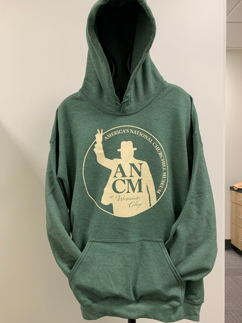Heather Dark Green Gildan Heavy Blend Hooded Sweatshirt with ANCM Victory Logo in cream print.  Very soft and plush Heather Dark Green Gildan Heavy Blend Hooded Sweatshirt with ANCM Victory Logo in cream print.  Very soft and plush