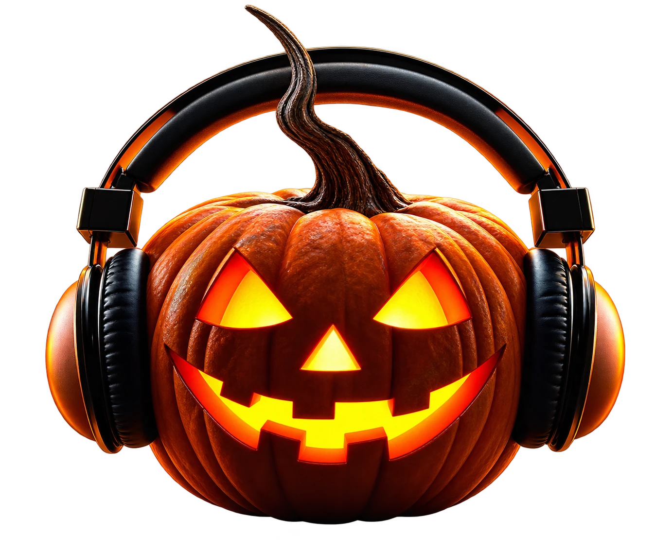 Halloween jack-o-lantern wearing headphones