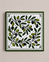 Olive branch pattern ceramic coaster with green and black olives, Palestinian sumud design