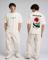 Icy Rock oversized t-shirt front and back flat lay with small black Arabic Falasteen Horra script and 1948 date on chest