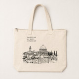 Close-up flat-lay of the Al Quds Jerusalem Tote Bag showing the full line-art print detail of the Old City skyline