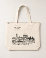 Al Quds Jerusalem Tote Bag hanging flat against a light background showing the full line-art skyline print