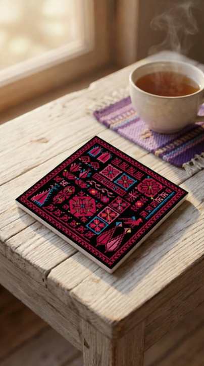 Palestinian Tatreez Storywork Ceramic Coaster — Palestine Heritage Decor
