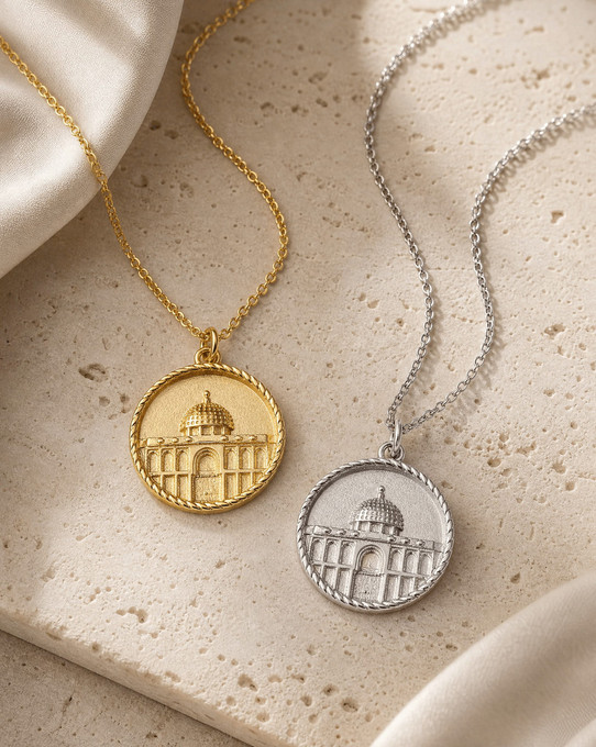 Dome of the Rock heritage necklace in gold, shown with the silver version