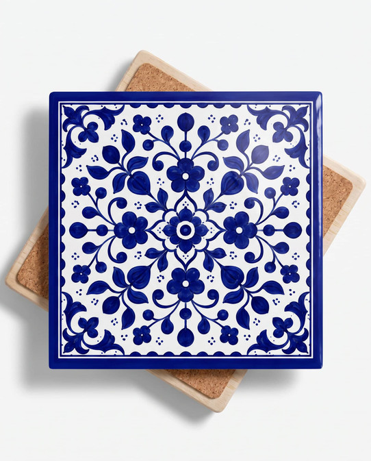 Cobalt blue and white Palestinian floral tile ceramic coaster with cork back