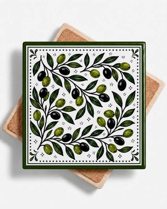 Olive branch pattern ceramic coaster with green and black olives, Palestinian sumud design 2