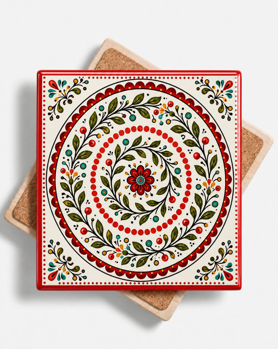 Crimson red bordered folk mandala ceramic coaster with teal, gold and green spiral pattern2