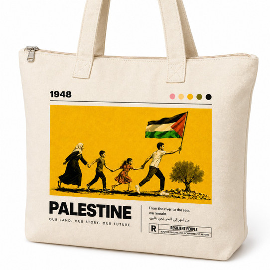 Close-up of 1948 Palestine tote bag graphic showing family figures, flag, and olive branch illustration on natural canvas