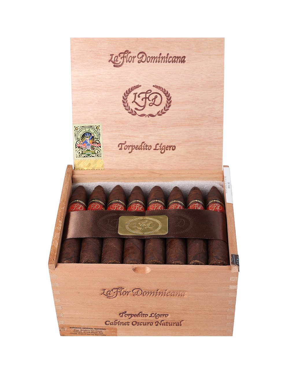 La Flor Dominicana LFD Ligero Cabinet Torpedito Oscuro Natural Box Open