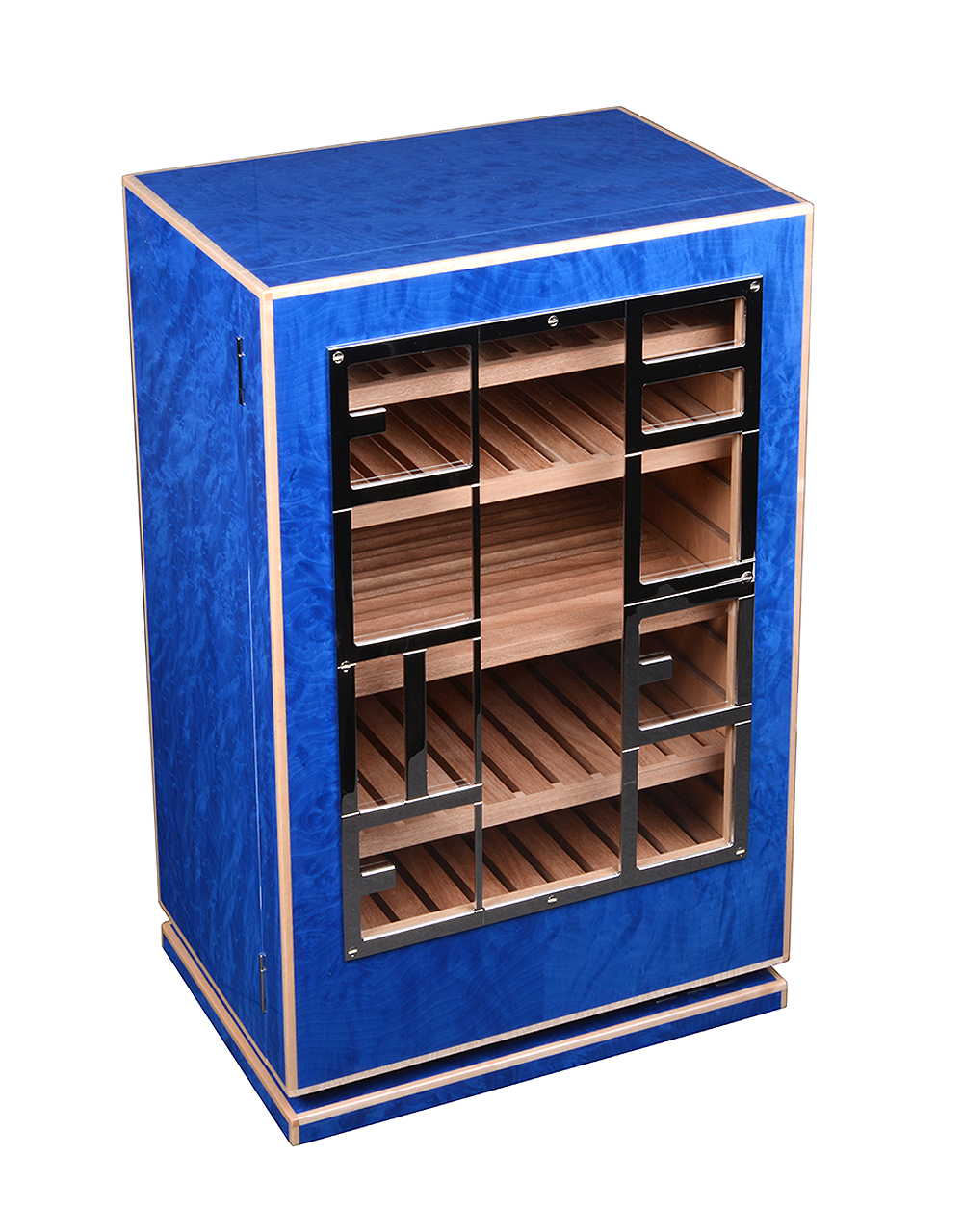 Elie Bleu Classic Wooden Humidor Cabinet For 150 Cigars Blue Madrona Burl With White Edges