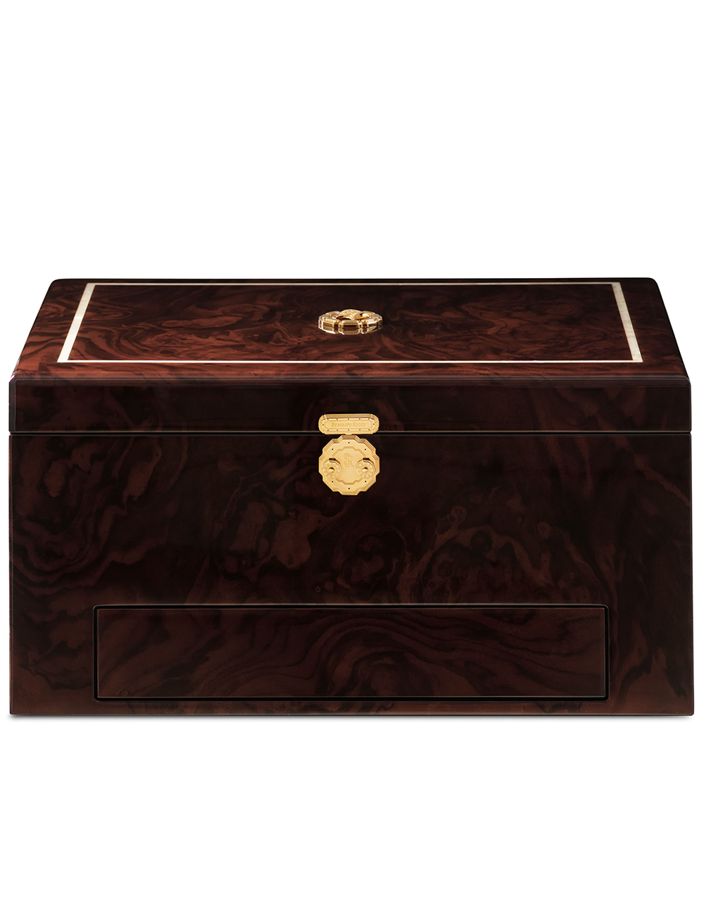 Stefano Ricci Walnut Humidor and Dual Flame Lighter w/ 72 Fuente Opus X Cigars Walnut and Gold Closed