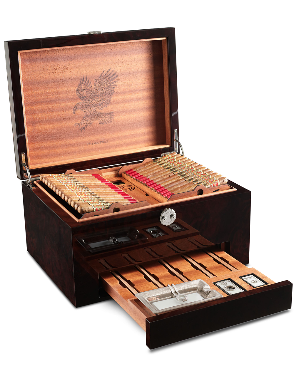 Stefano Ricci Walnut Humidor and Dual Flame Lighter w/ 72 Fuente Opus X Cigars Walnut and Gold Open