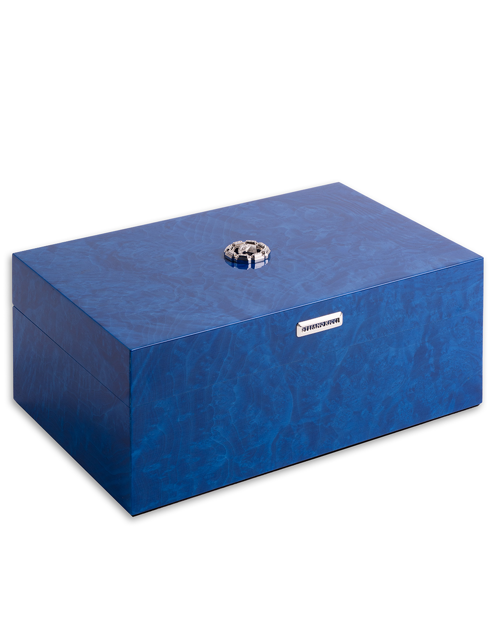 Stefano Ricci Blue Briar Root Humidor w/ 20 Fuente Opus X Cigars Angled Closed