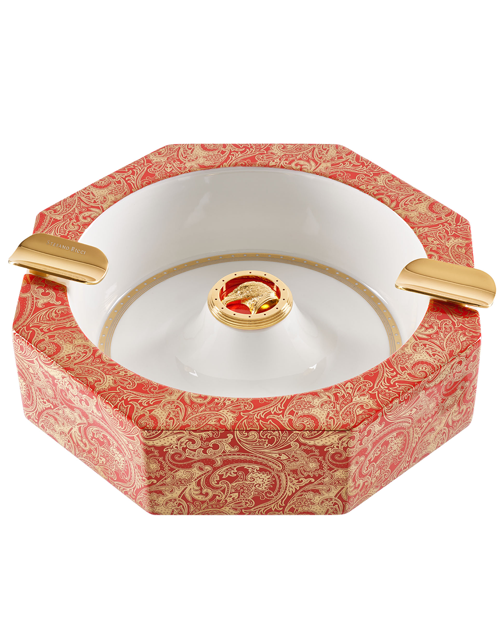 Stefano Ricci Octagonal Porcelain Ashtray in Red and Fine Paisley Angled View