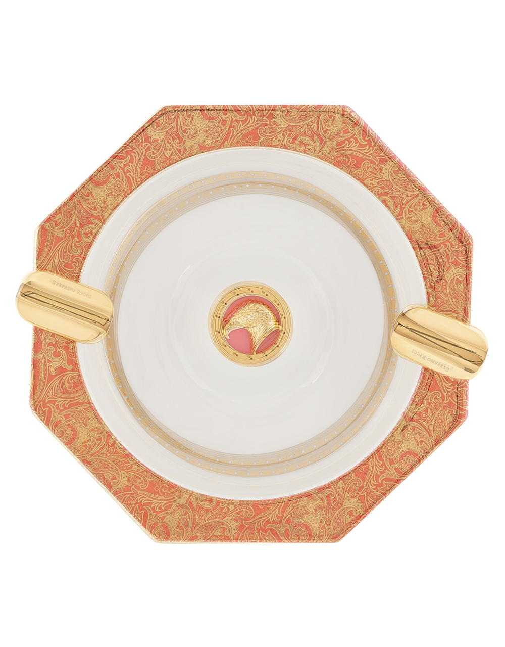 Stefano Ricci Octagonal Porcelain Ashtray in Red and Fine Paisley Face Top View