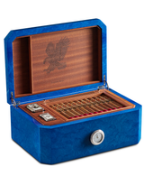 Stefano Ricci Humidor Set w/ 50 Fuente Opus X Cigars Blue Walnut Lid Open with Cigars